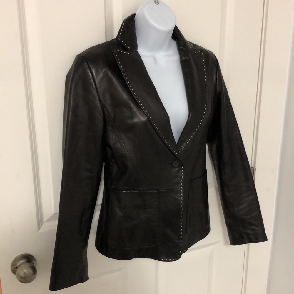 Banana Republic Black Leather Blazer Jacket with Contrast Stitching
